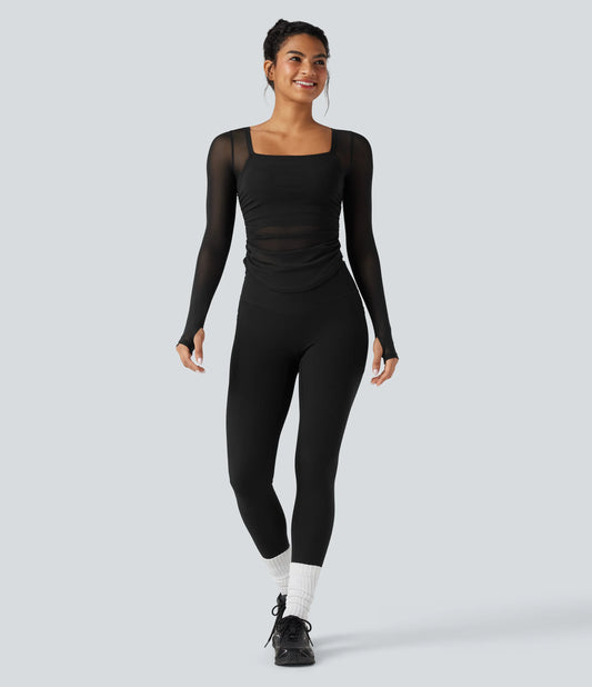 Square Neck Long Sleeve Thumb Holes Contrast Mesh Ruched Curved Hem 2-in-1 Workout Top