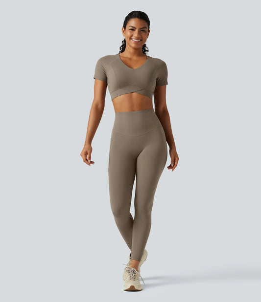Halara UltraSculpt™ V Neck Built-in Bra Short Sleeve Crossover Hem Cropped Workout Sports Top DD-F Cups