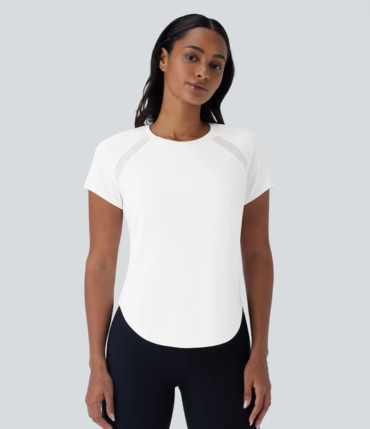SoftlyZero™ QuickDry Round Neck Short Sleeve Contrast Mesh Curved Hem Running Sports Top