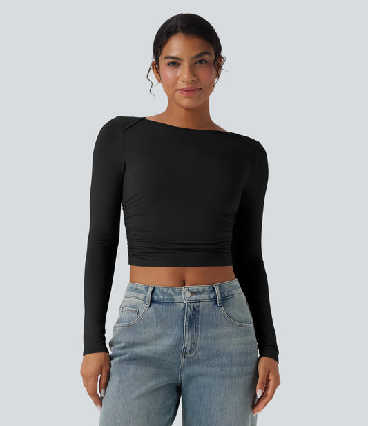 Boat Neck Long Sleeve Ruched Cropped Casual Top