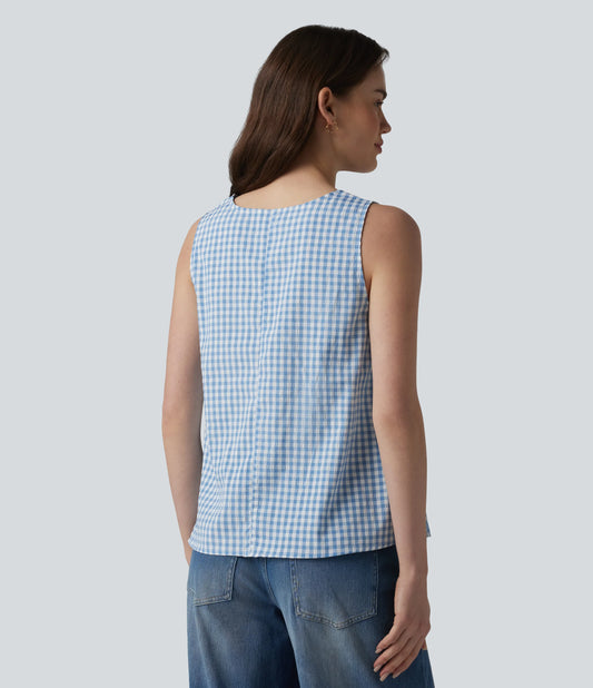 Round Neck Crinkle Gingham Casual Tank Top with Pockets