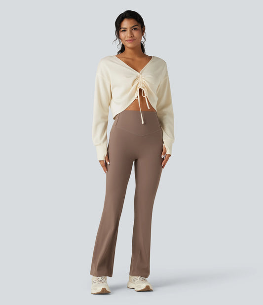 V Neck Drawstring Long Sleeve Thumb Hole Cropped Workout Sports Top