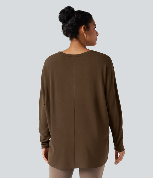 Scoop Neck Long Sleeve High-Low Oversized Thermal Casual Top