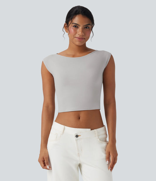 Ribbed Knit Boat Neck Short Sleeve Cropped Casual Top