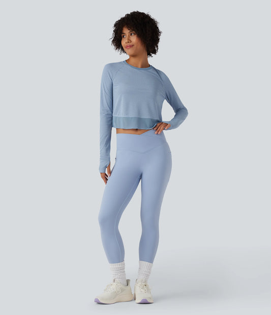 Round Neck Long Sleeve Thumb Hole Eyelet Workout Sports Top
