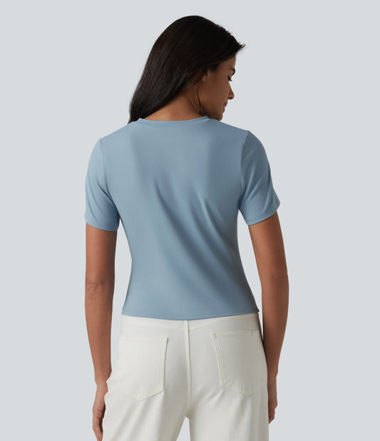 Round Neck Short Sleeve Ruched Asymmetric Hem Casual T-Shirt