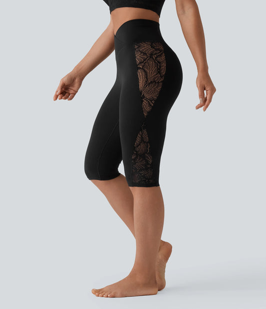 SoftlyZero™ High Waisted Crossover Contrast Lace Pedal Pusher Yoga Leggings with Pocket-UPF50+