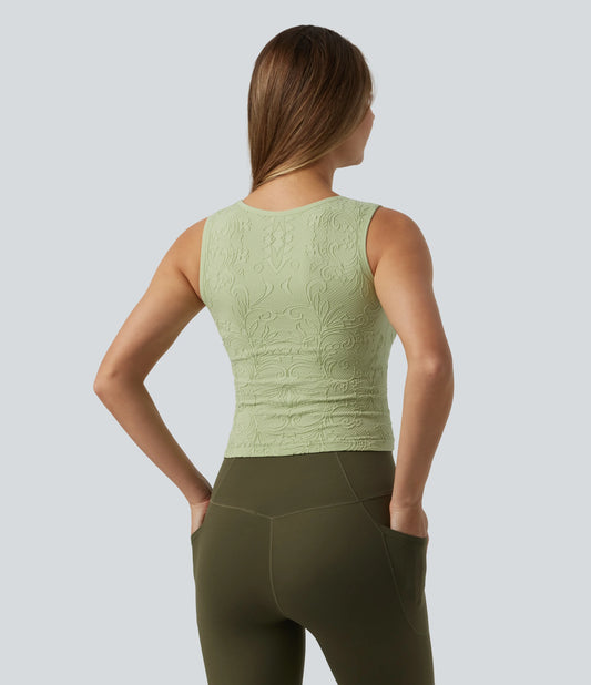 V-neck Ruched Built-in Bra Cropped Jacquard Yoga Tank Top
