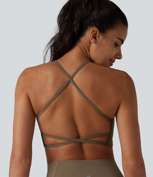 Ribbed Knit Low Support Crisscross Backless Built-in Bra Yoga Sports Bra