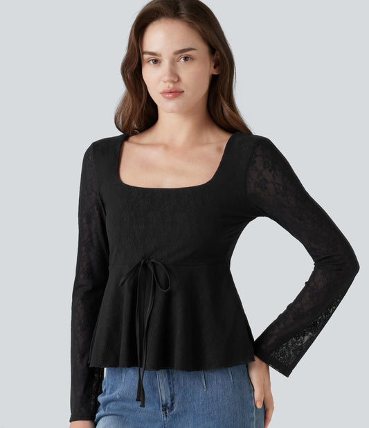 U-Neck Long Sleeve Contrast Lace Drawstring Party Babydoll Top