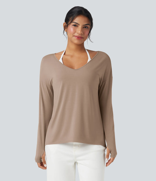 Deep V-neck Long Sleeve Thumb Holes Relaxed T-Shirt-Front and Back Wearable