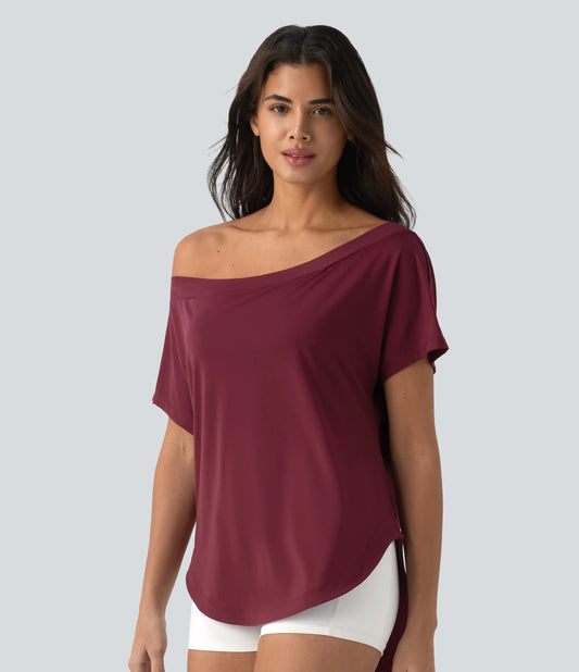 One Shoulder Short Sleeve Curved Hem High Low Quick Dry Yoga Sports Top-Built-in Bra