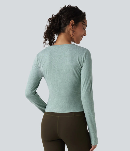 Sweetheart Neck Long Sleeve Heathered Workout Sports Top