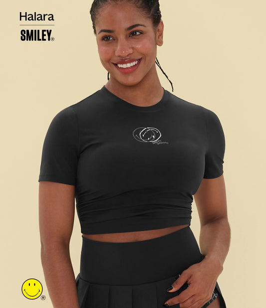 Halara X Smiley® Halara UltraSculpt™ Round Neck Short Sleeve Ruched Skinny Cropped Casual T-Shirt