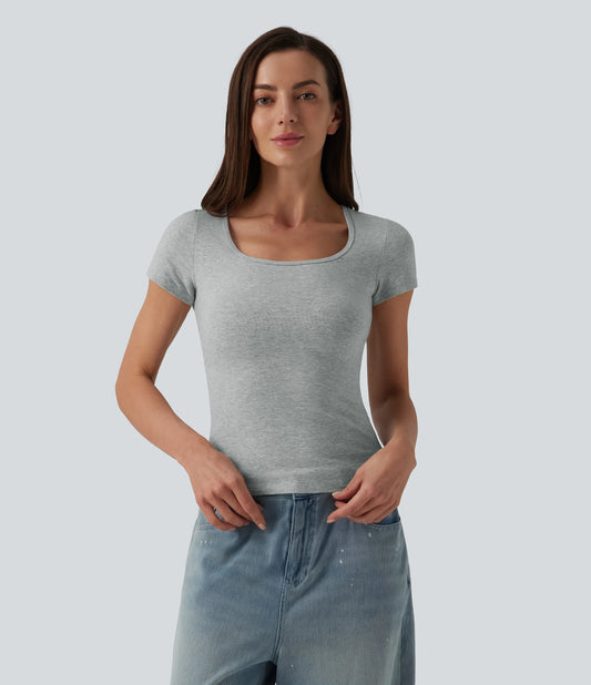 Halara Cotton Jersey Square Neck Short Sleeve Ultra-slim Heathered Casual T-Shirt
