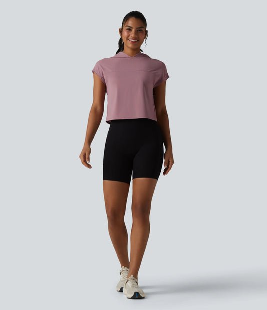 Hooded Cap Sleeve Cropped Breathable Mesh InstantCool Quick Dry Running Sports Top-UPF50+
