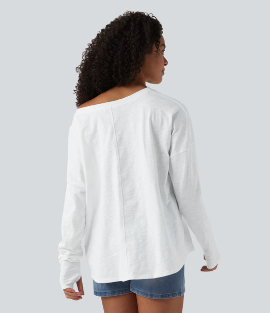 Boat Neck Long Sleeve Thumb Hole Tie Side Casual Cotton T-Shirt