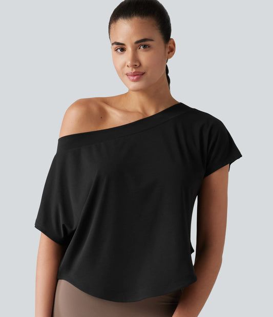 One Shoulder Short Sleeve Curved Hem High Low Quick Dry Yoga Sports Top