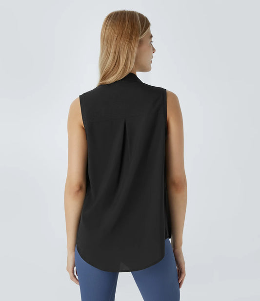 Collared Sleeveless Button Curved Hem Hiking Shirt