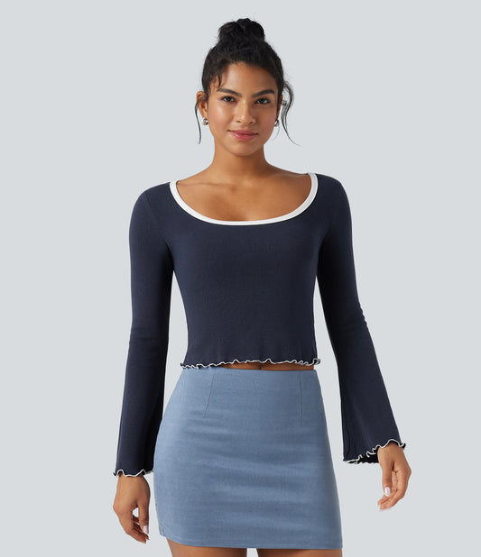 Square Neck Flounce Long Sleeve Casual T-Shirt