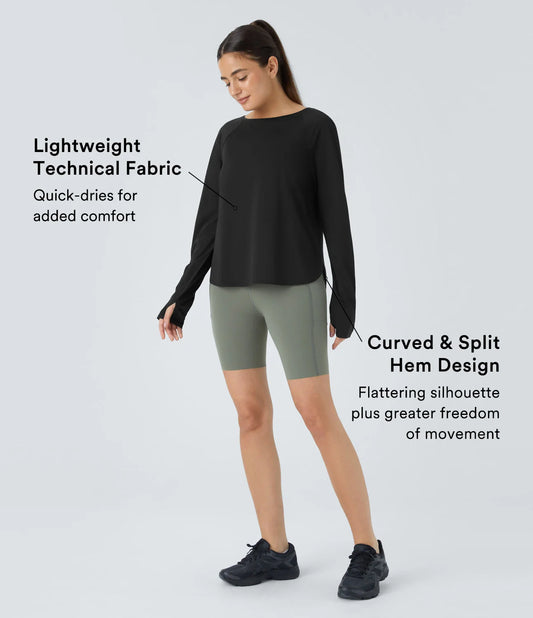 Round Neck Raglan Sleeve Thumb Hole Curved Hem Hiking Sports Top