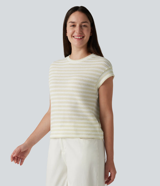 Round Neck Cap Sleeve Stripe Knitted Casual T-Shirt