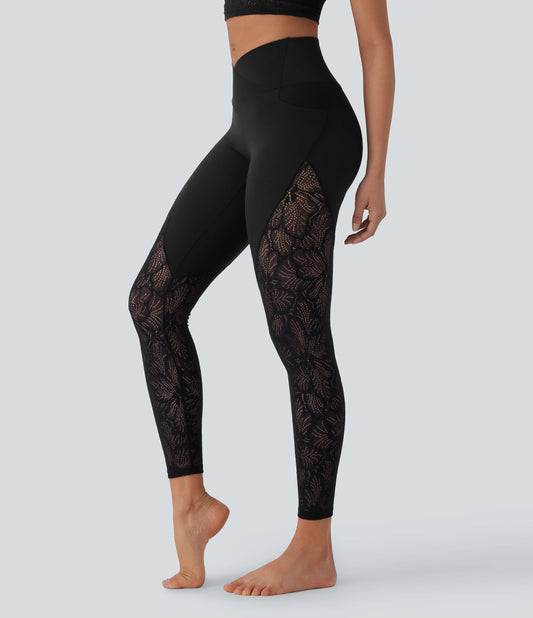 SoftlyZero™ High Waisted Crossover Pocket Contrast Lace 7/8 Yoga Leggings-UPF50+