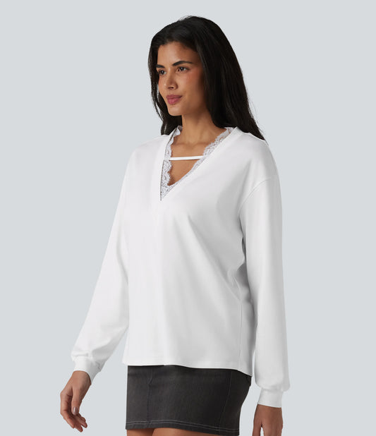 V-neck Contrast Lace Long Sleeve Casual Pima Cotton T-Shirt