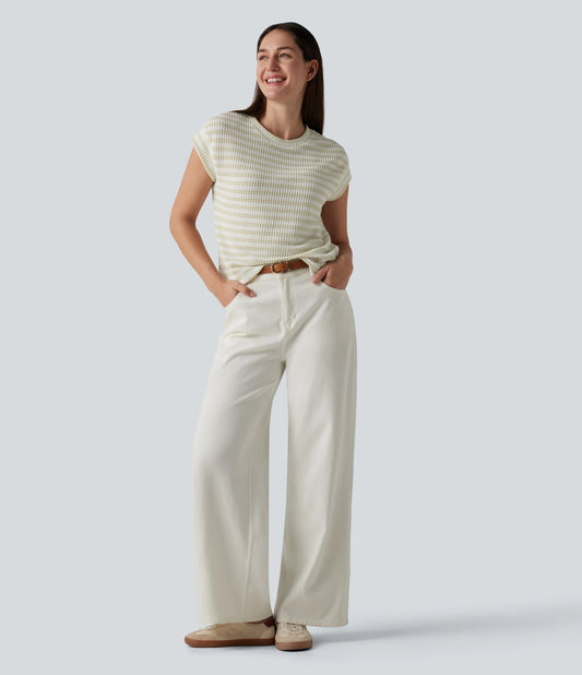 Round Neck Cap Sleeve Stripe Knitted Casual T-Shirt