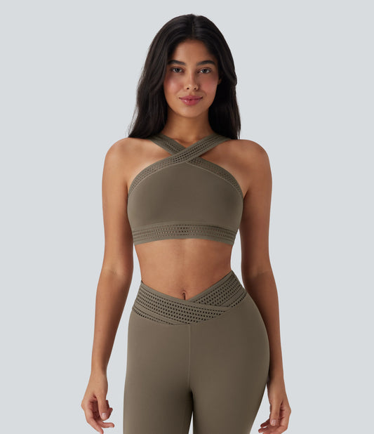 Light Support Crossover Cut Out Yoga Sports Bra A-D Cups