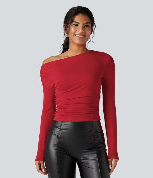 One-shoulder Long Sleeve Ruched Casual Top