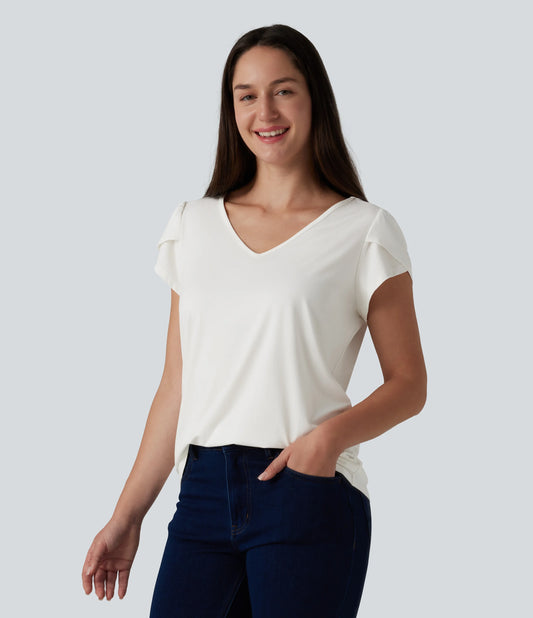 V Neck Petal Short Sleeve Casual T-Shirt