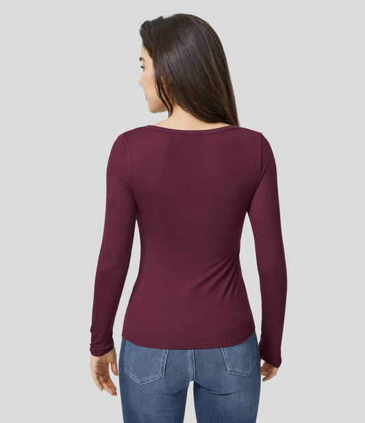 Ribbed Henley Neck Long Sleeve Slim Casual T-Shirt