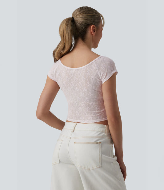 Sweetheart Neck Short Sleeve Lace Cropped Casual T-Shirt