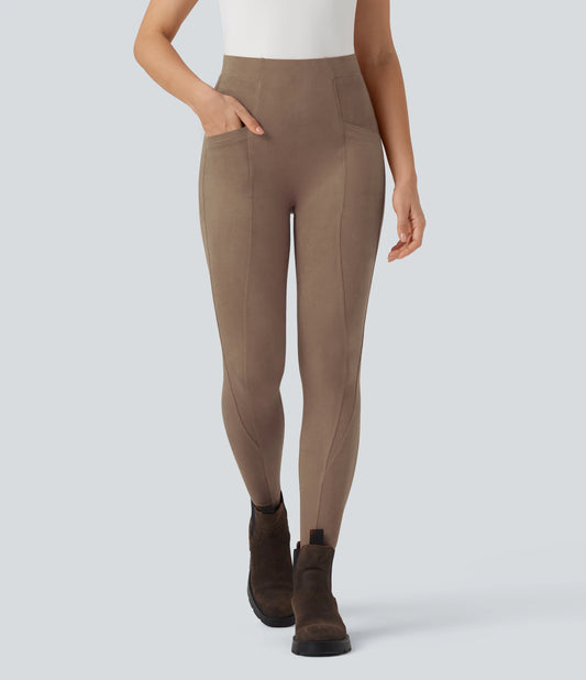High Waisted Tummy Control Suede 7/8 Casual Leggings with Pockets