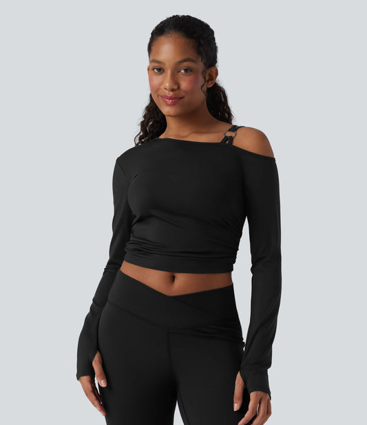 SoftlyZero™ Airy One Shoulder Long Sleeve Thumb Holes Ruched InstantCool Yoga SportsTop-UPF50+