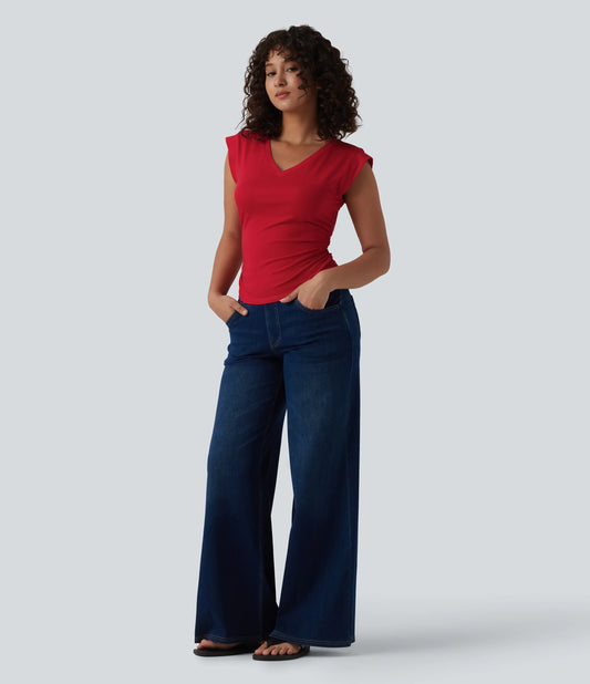 V Neck Cap Sleeve Curved Hem Ruched Casual T-Shirt