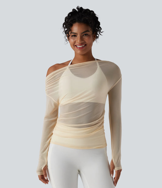 One Shoulder Long Sleeve Thumb Hole Mesh Yoga Sports Top