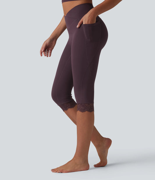 SoftlyZero™ Crossover High Waisted Contrast Lace Yoga Pedal Pusher Leggings with Pockets-UPF50+