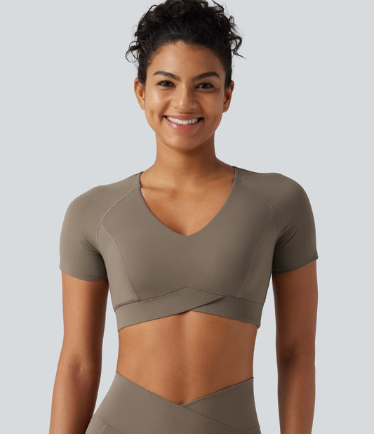 Halara UltraSculpt™ V Neck Built-in Bra Short Sleeve Crossover Hem Cropped Workout Sports Top