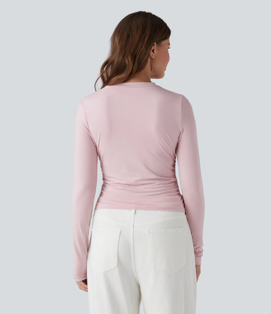 Round Neck Long Sleeve Ruched Casual Top