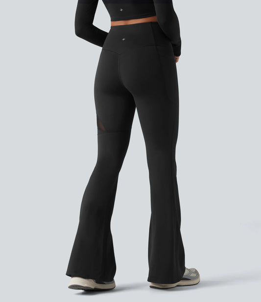 High Waisted Tummy Control Breathable Mesh Flare Casual Leggings with Pocket