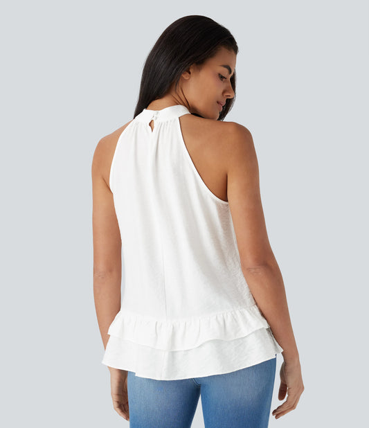 Mock Neck Sleeveless Asymmetric Ruffle Hem Casual Top