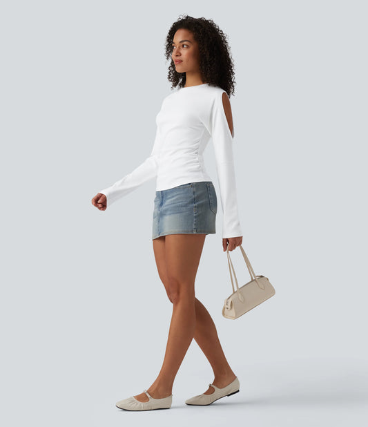 Round Neck Long Sleeve Cut Out Casual Cotton T-Shirt