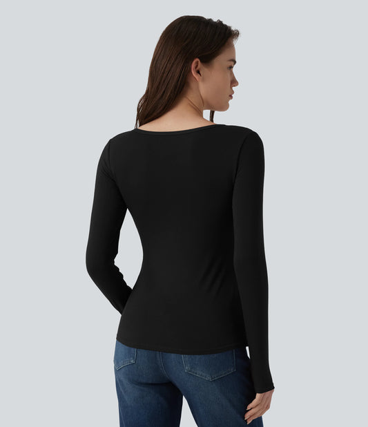 Ribbed Henley Neck Long Sleeve Slim Casual T-Shirt