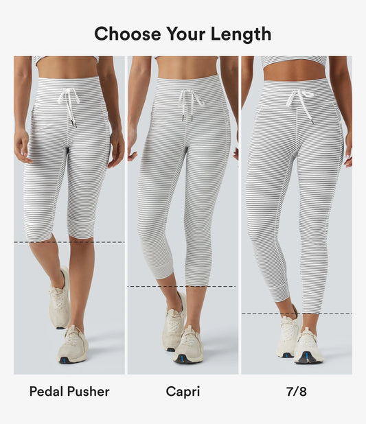 High Waisted Drawstring Stripe Capri Yoga Leggings with Pockets