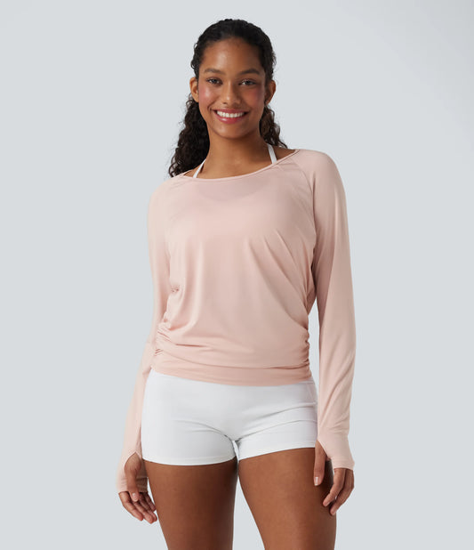 Cut-out Back Thumb Hole Ruched Relaxed Yoga Sports Top
