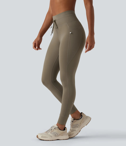 High Waisted Drawstring Plain Yoga 7/8 Leggings with Pockets