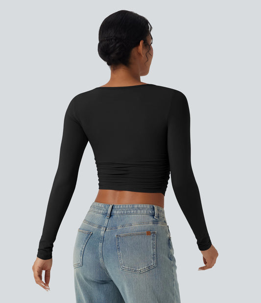Boat Neck Long Sleeve Ruched Cropped Casual Top