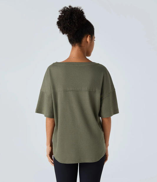 V Neck Dropped Shoulder Curved Hem Relaxed Waffle Casual T-Shirt